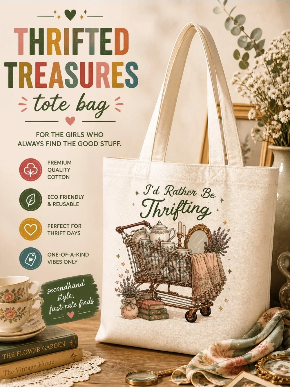 Handmade Canvas Tote Bag with I’d Rather Be Thrifting Graphic - White - Picture 2 of 2